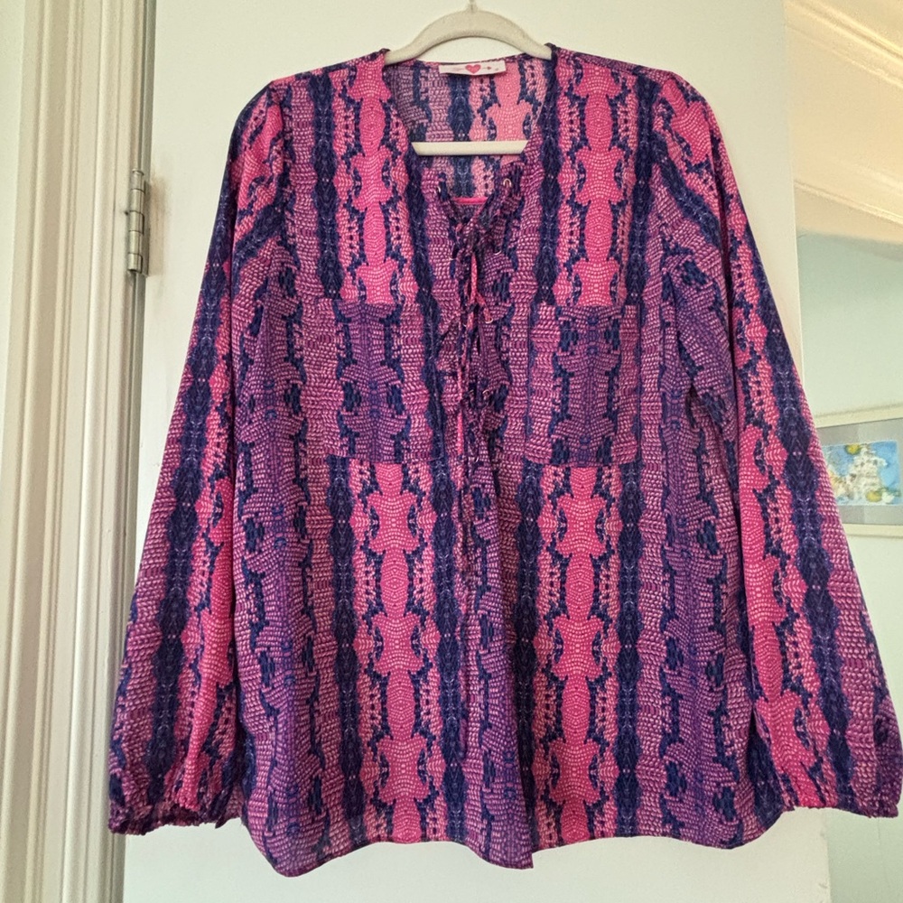 Buddy Love Pink and Blue Graphic Blouse with Mandarin Collar